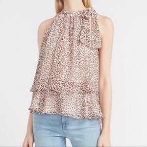 EXPRESS Animal Print Tie Neck Tiered Halter Neck Blouse Size M